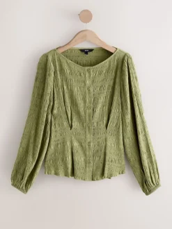 Green Long Sleeve Boatneck Textured Button-Front Blouse