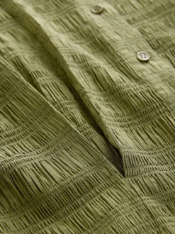 Green Long Sleeve Boatneck Textured Button-Front Blouse