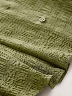 Green Long Sleeve Boatneck Textured Button-Front Blouse