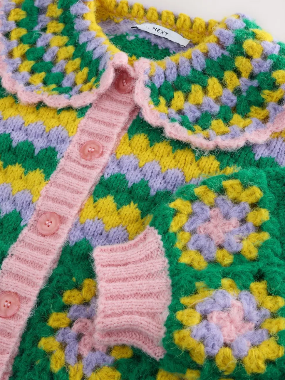 Green Multi Patch Hand Crochet Collar Cardigan