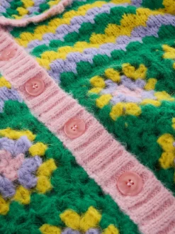 Green Multi Patch Hand Crochet Collar Cardigan