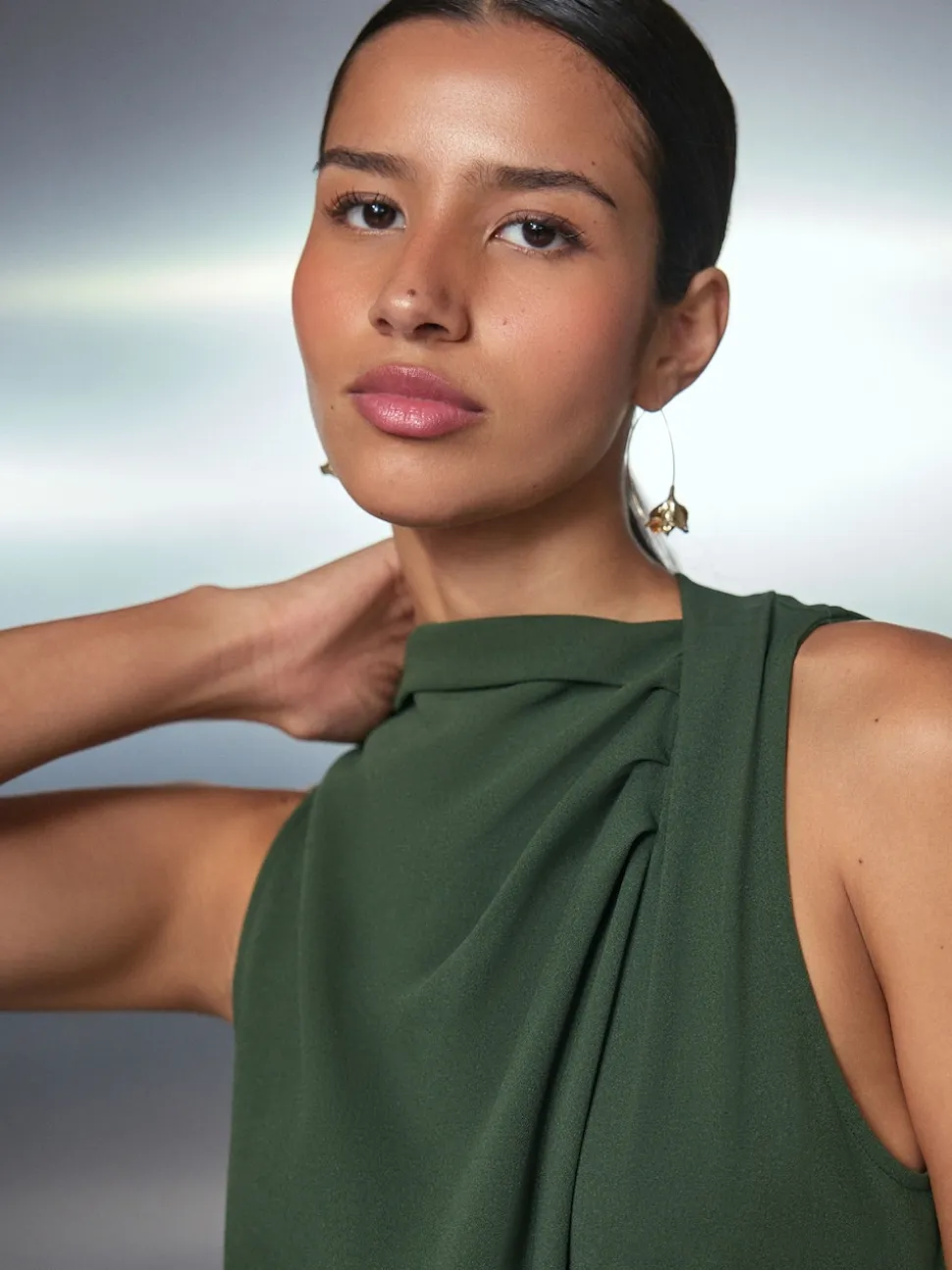 Green Occasion Cowl Neck Sleeveless Jersey Jumpsuit