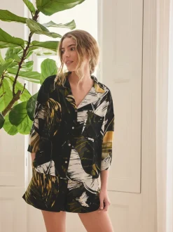 Green Palm Button Through Short Pyjamas Set