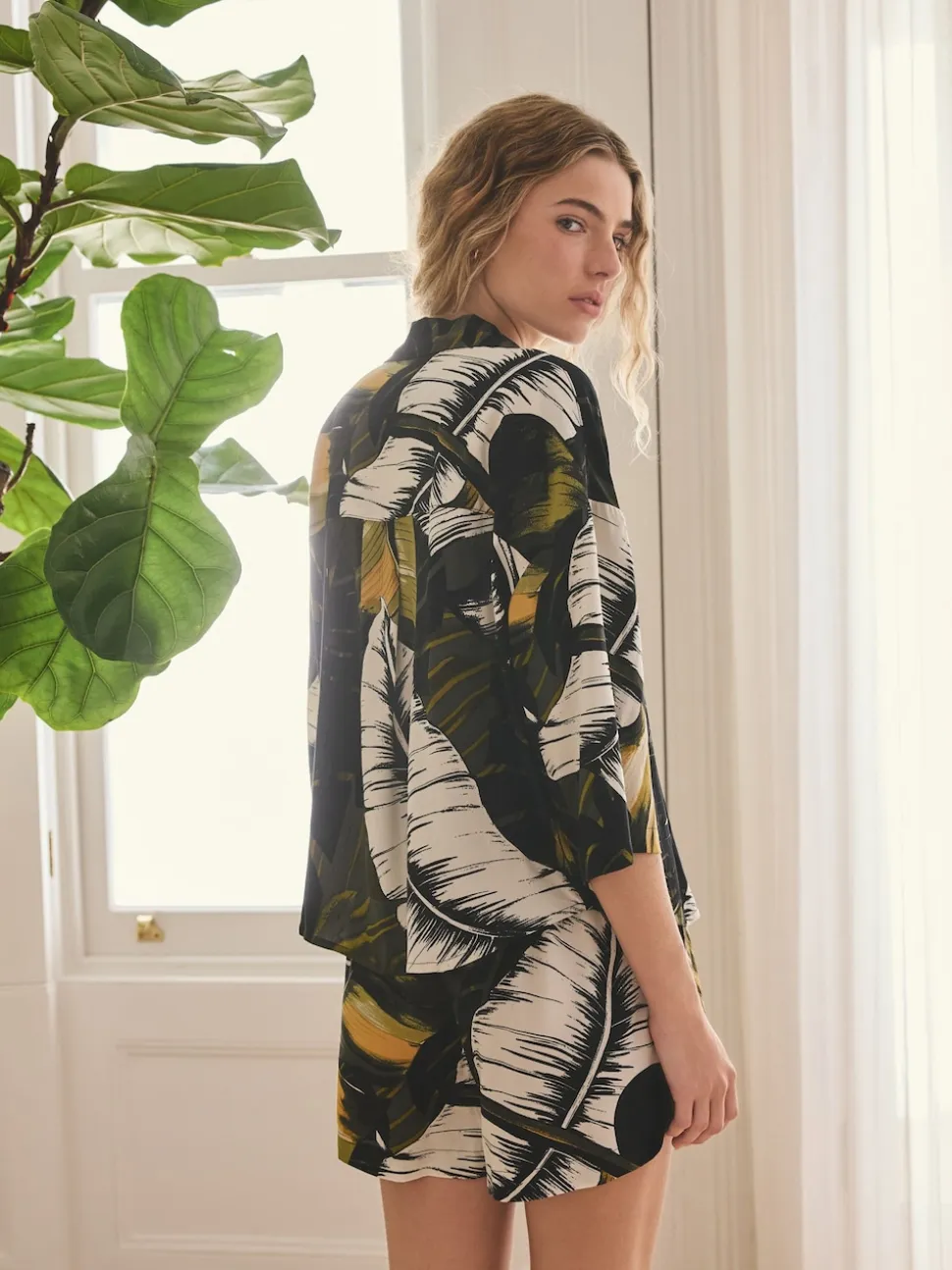 Green Palm Button Through Short Pyjamas Set