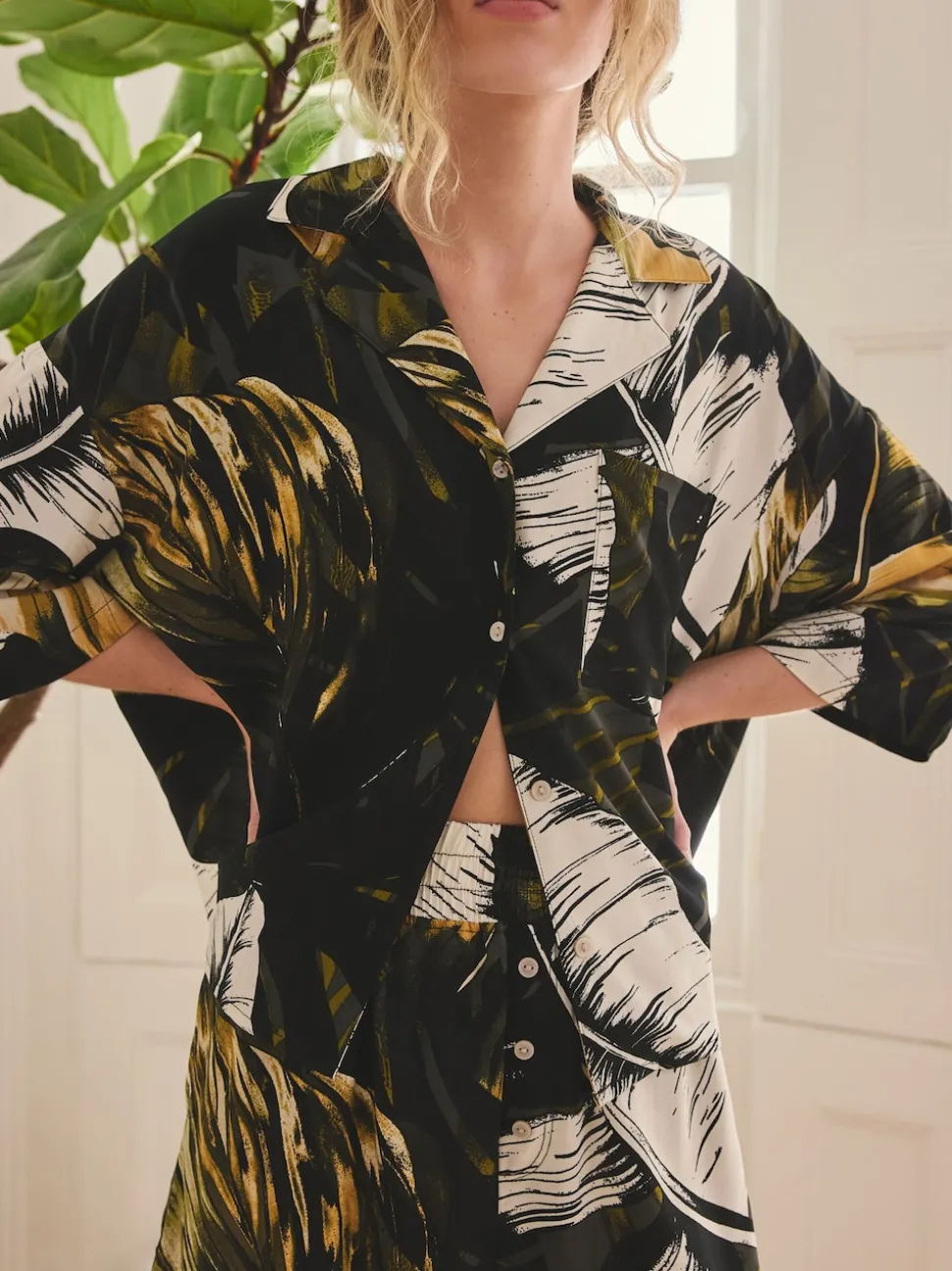 Green Palm Button Through Short Pyjamas Set