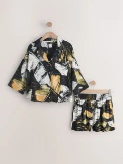 Green Palm Button Through Short Pyjamas Set