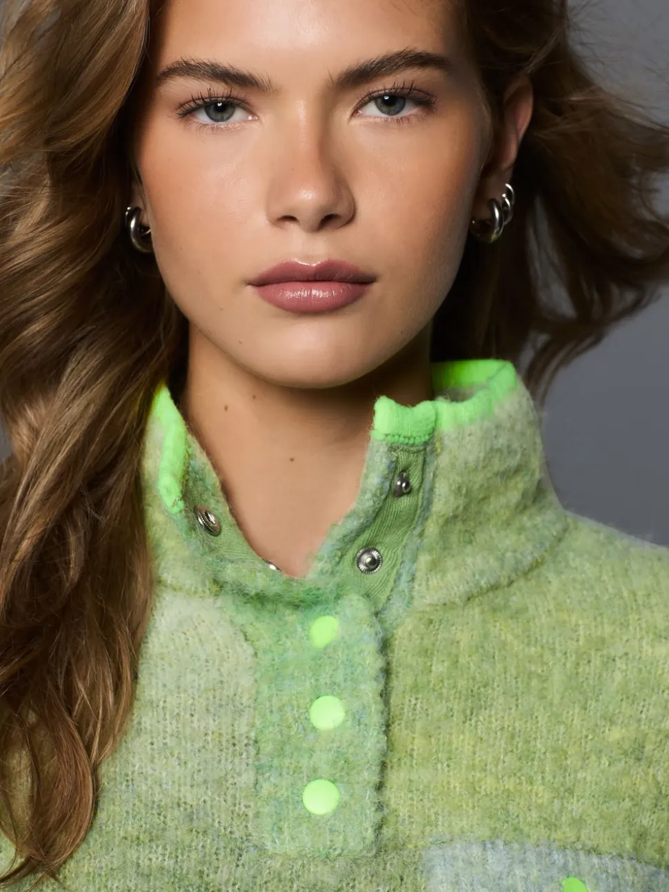 Green Spacedye Boucle Stand Neck Pocket Jumper