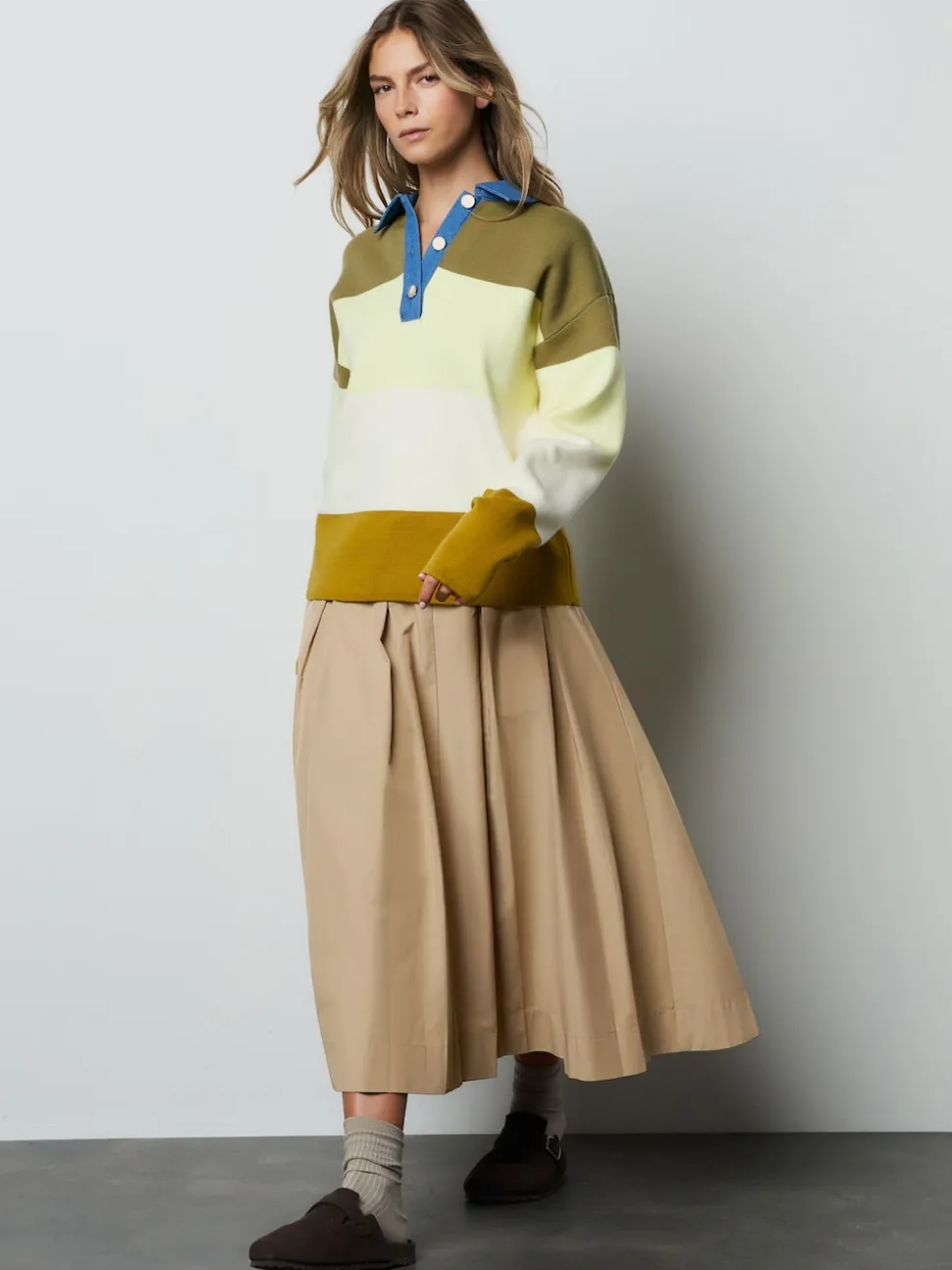Green Stripe Denim Collar Cosy Soft Touch Long Sleeve Polo Neck Jumper Top
