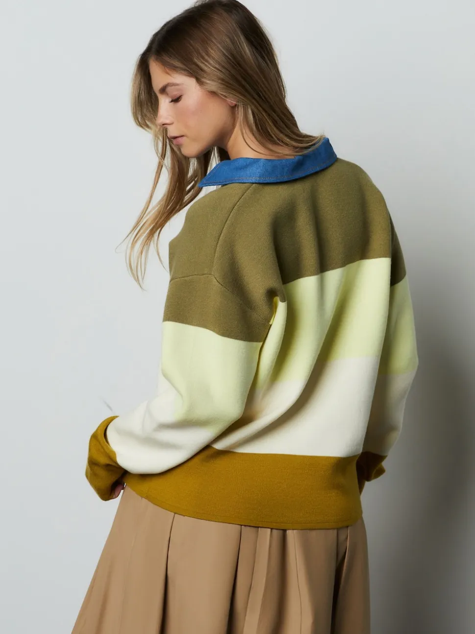 Green Stripe Denim Collar Cosy Soft Touch Long Sleeve Polo Neck Jumper Top