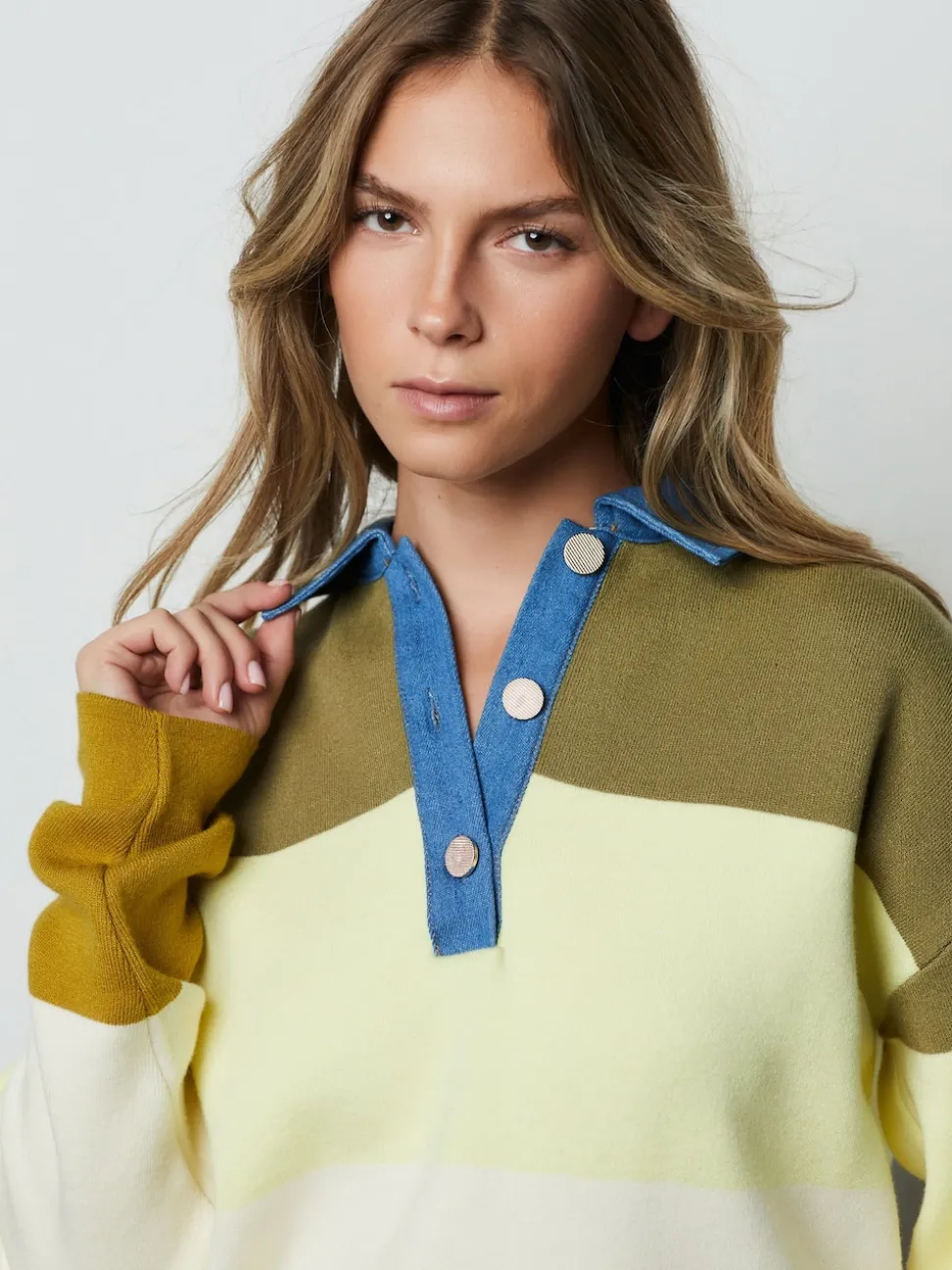 Green Stripe Denim Collar Cosy Soft Touch Long Sleeve Polo Neck Jumper Top