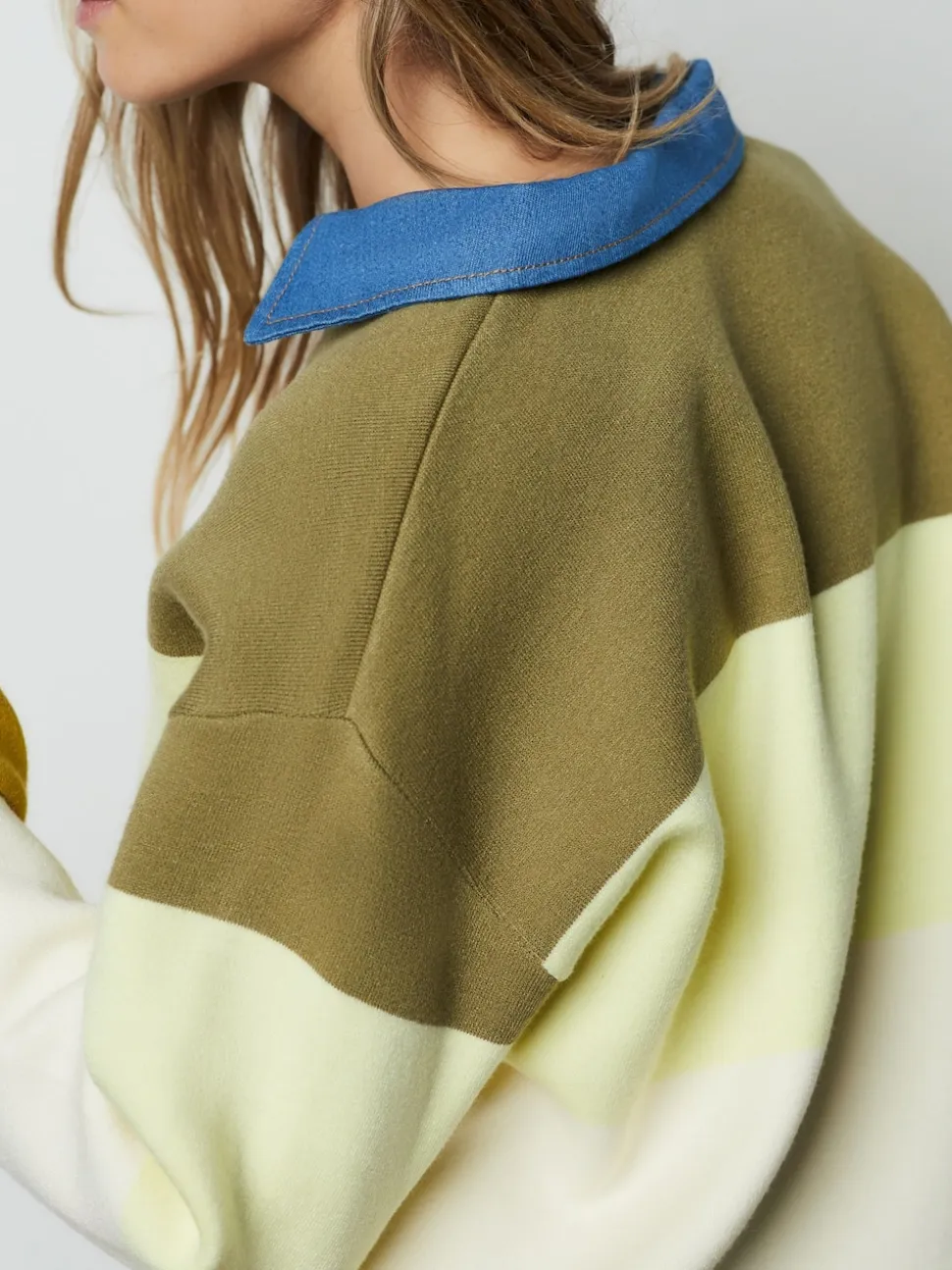 Green Stripe Denim Collar Cosy Soft Touch Long Sleeve Polo Neck Jumper Top