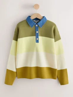 Green Stripe Denim Collar Cosy Soft Touch Long Sleeve Polo Neck Jumper Top