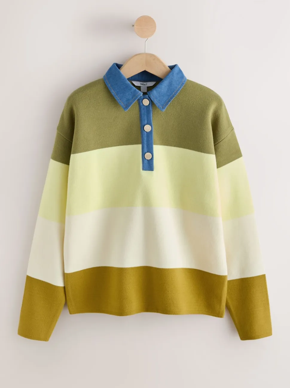 Green Stripe Denim Collar Cosy Soft Touch Long Sleeve Polo Neck Jumper Top