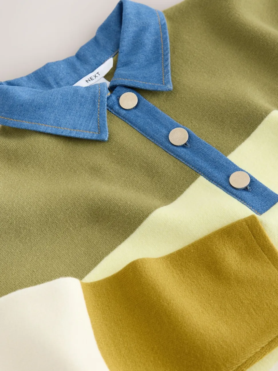Green Stripe Denim Collar Cosy Soft Touch Long Sleeve Polo Neck Jumper Top