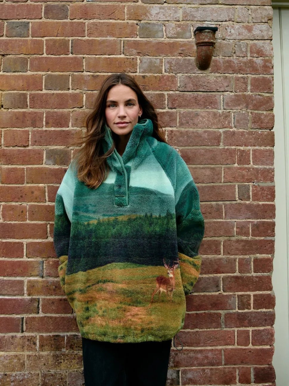 Green Woodland Scene Printed Borg Fleece Top