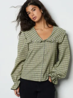 Green/Black Check Oversized Collar Long Sleeve Blouse