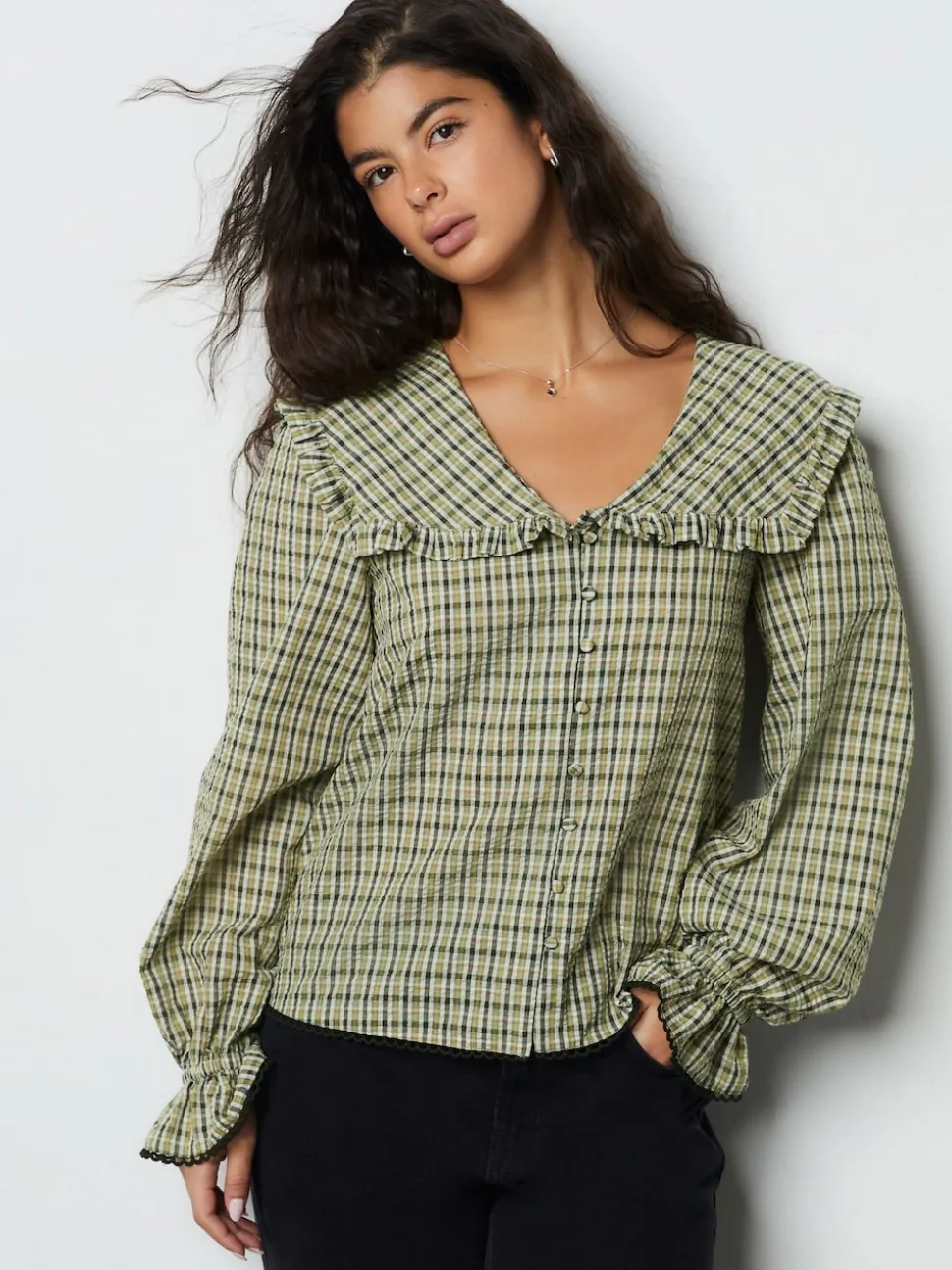 Green/Black Check Oversized Collar Long Sleeve Blouse