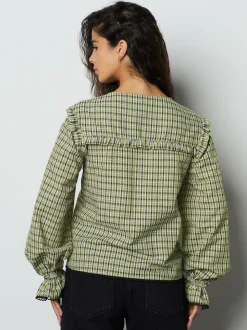 Green/Black Check Oversized Collar Long Sleeve Blouse