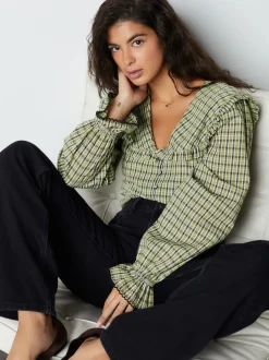 Green/Black Check Oversized Collar Long Sleeve Blouse
