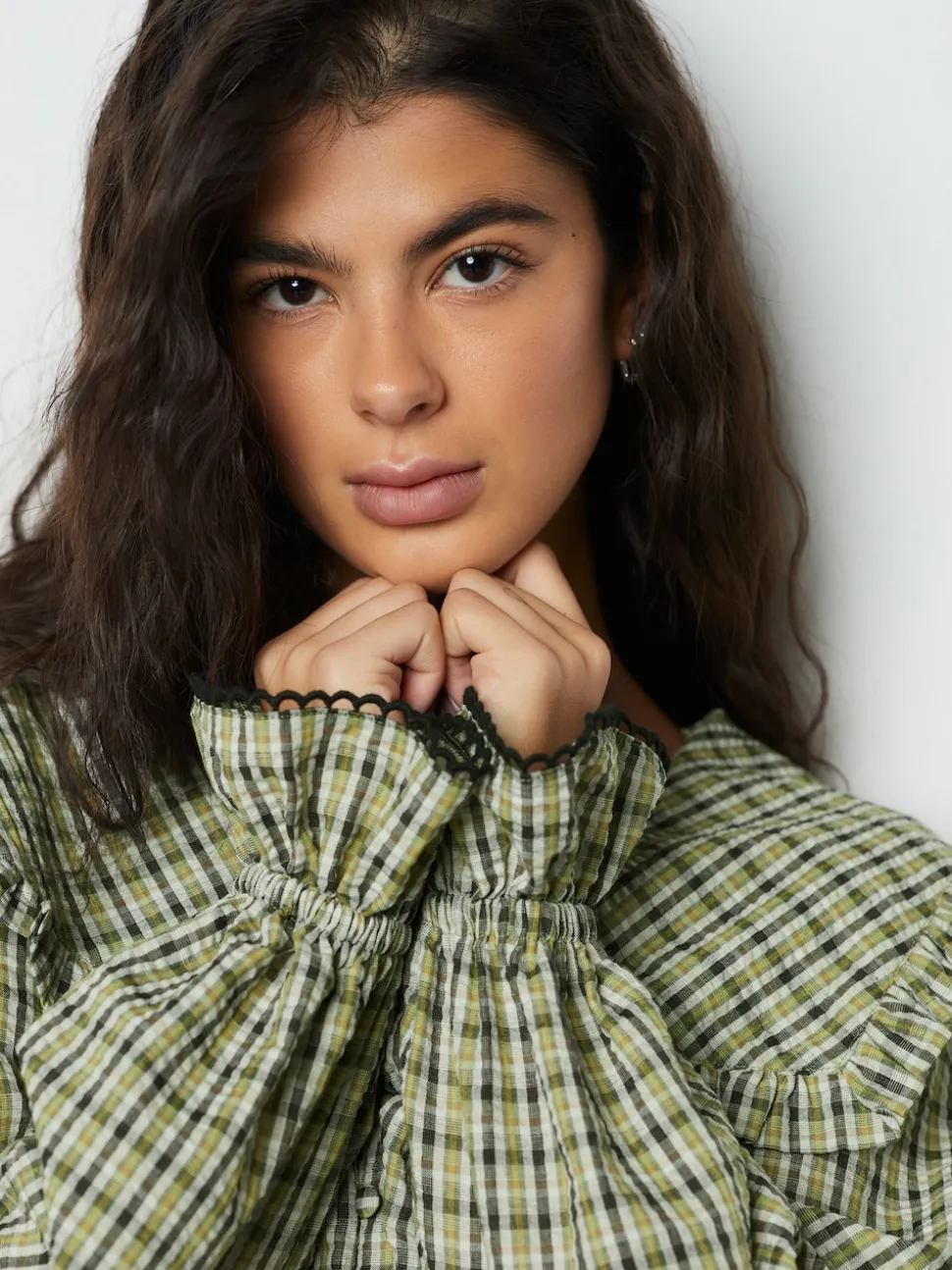 Green/Black Check Oversized Collar Long Sleeve Blouse