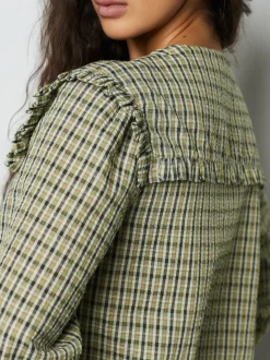 Green/Black Check Oversized Collar Long Sleeve Blouse