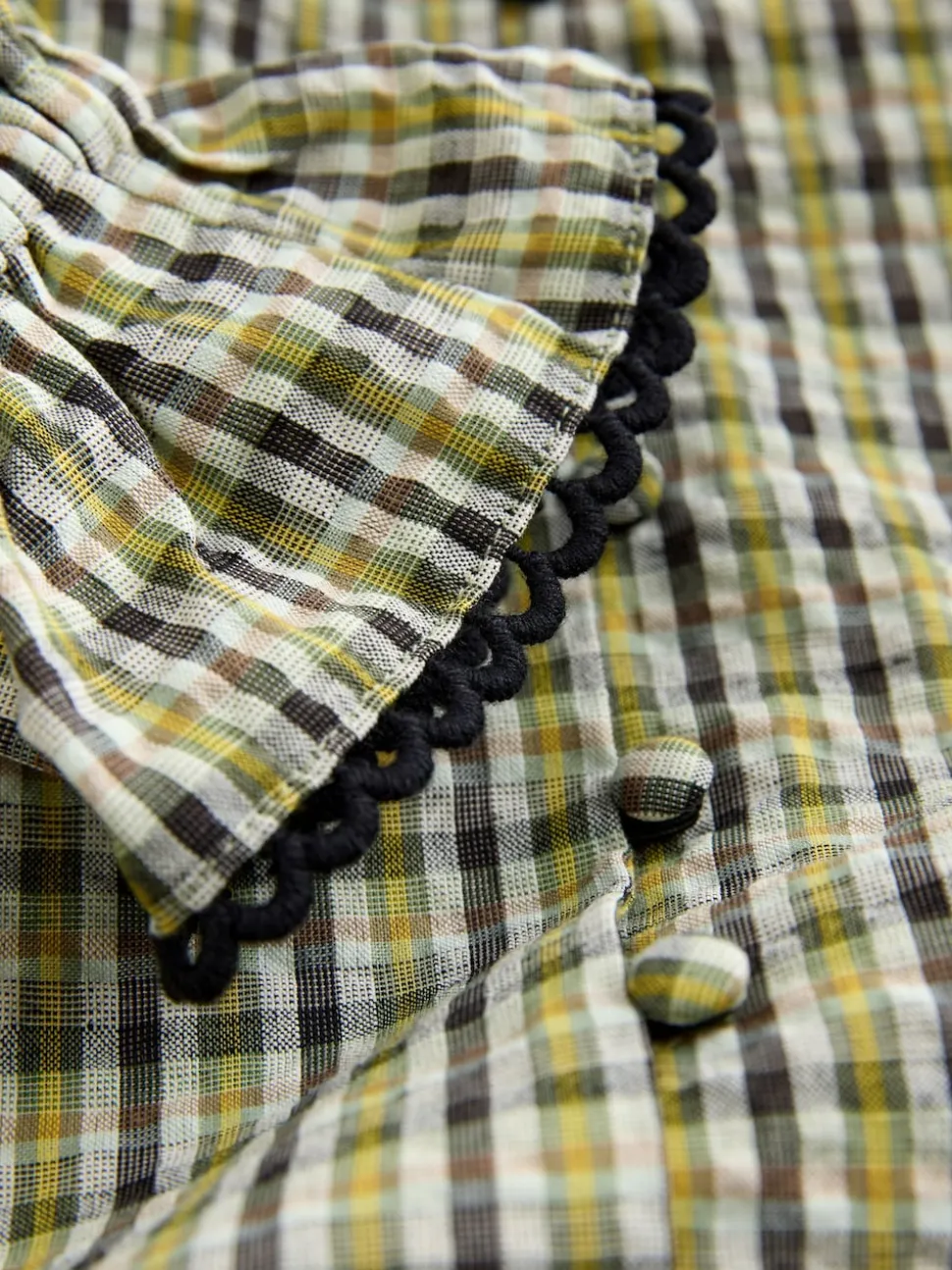 Green/Black Check Oversized Collar Long Sleeve Blouse