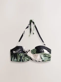 Green/Black Leaf Twist Padded Wired Bandeau Bikini Top
