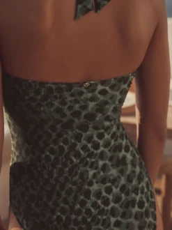 Green/Black Leopard Print Halterneck Tummy Control Swimsuit