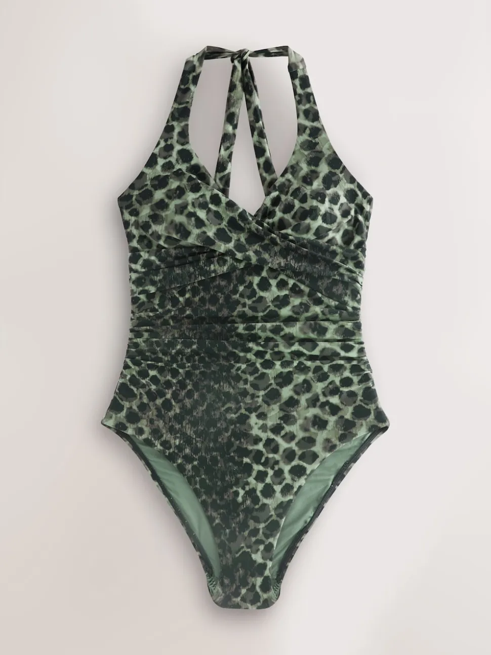 Green/Black Leopard Print Halterneck Tummy Control Swimsuit