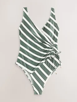 Green/Cream Stripe Ruched Side Tummy Shaping Control Swimsuit