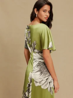 Green/Ecru Textured Satin Short Sleeve Twist Front Midi Dress