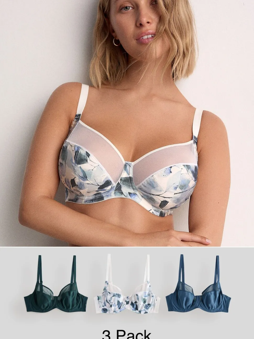 Green/Navy/Navy Print DD+ Non Pad Full Cup Bras 3 Pack with Side Support