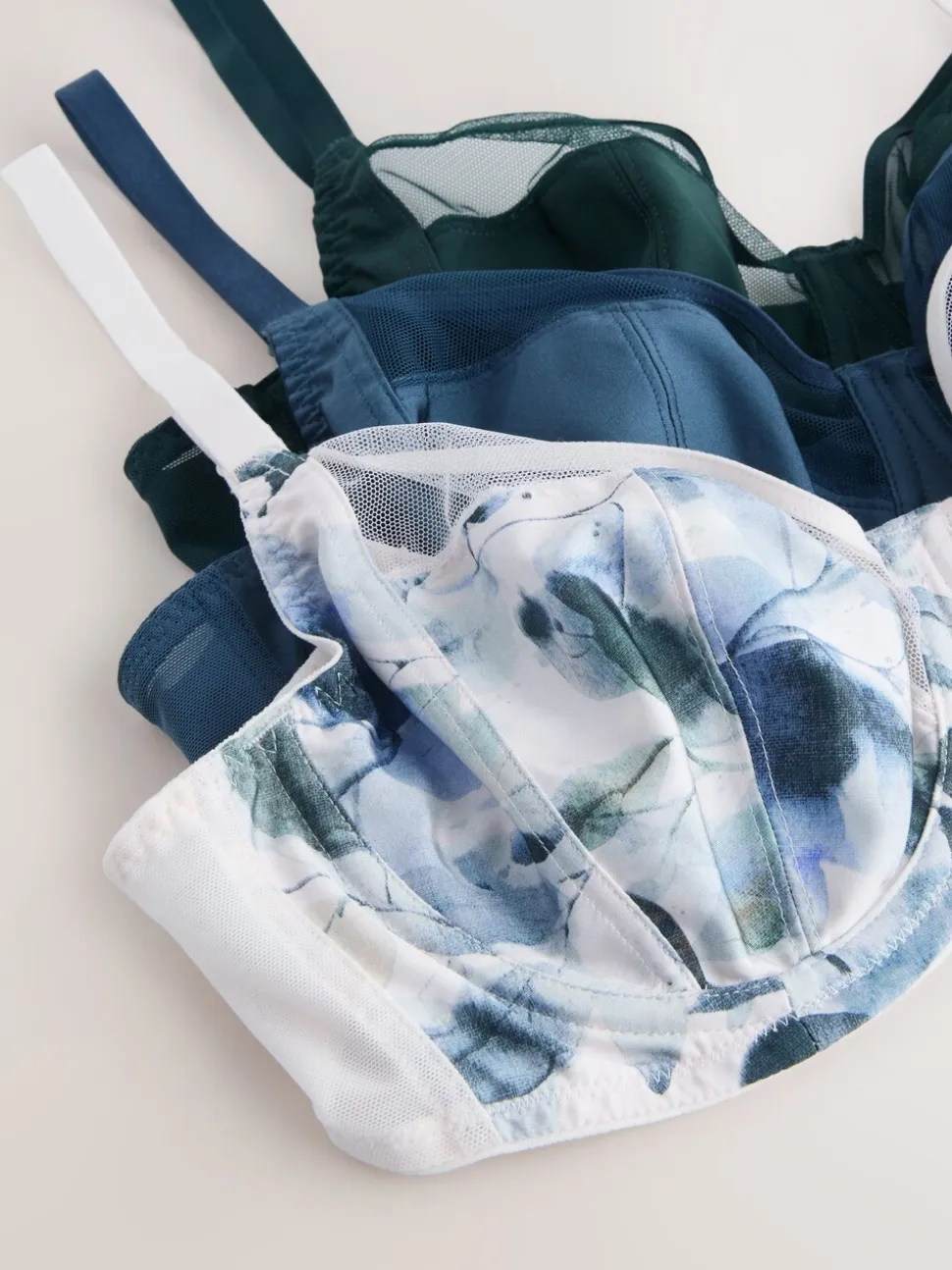 Green/Navy/Navy Print DD+ Non Pad Full Cup Bras 3 Pack with Side Support