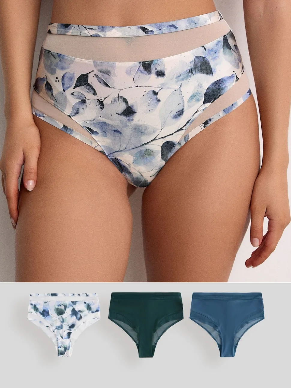 Green/Navy/Navy Print Mesh Trim High Waist High Leg Knickers 3 Pack