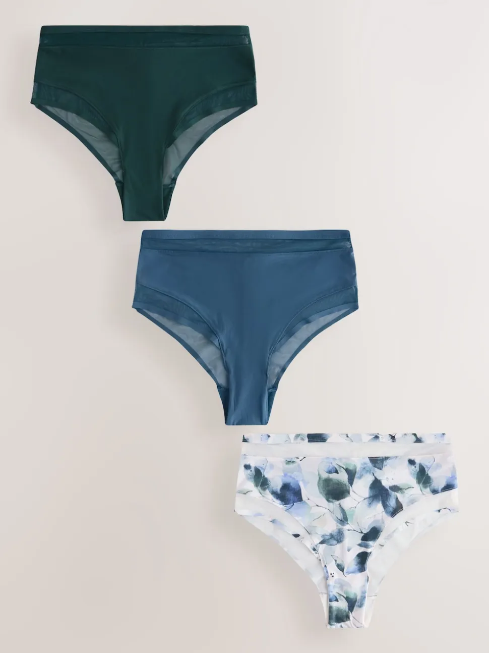 Green/Navy/Navy Print Mesh Trim High Waist High Leg Knickers 3 Pack