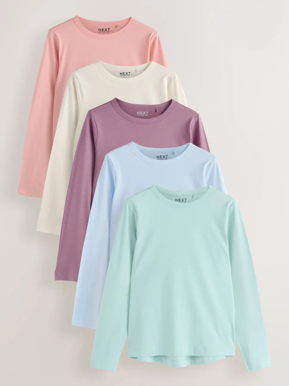 Green/Purple/Blue/Ecru/Pink 100% Cotton Long Sleeve T-Shirts 5 Pack