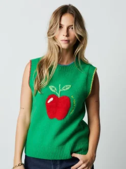 Green/Red Apple Graphic Sleeveless Knitted Tank With Wool