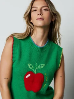 Green/Red Apple Graphic Sleeveless Knitted Tank With Wool