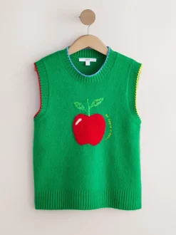 Green/Red Apple Graphic Sleeveless Knitted Tank With Wool