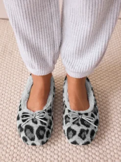 Grey Animal Print Ballerina Flat Slippers