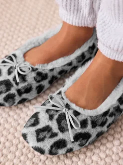 Grey Animal Print Ballerina Flat Slippers