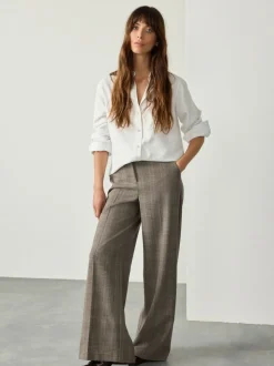 Grey Check Brushed High Waisted Wide Leg Tailored Trousers