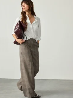 Grey Check Brushed High Waisted Wide Leg Tailored Trousers