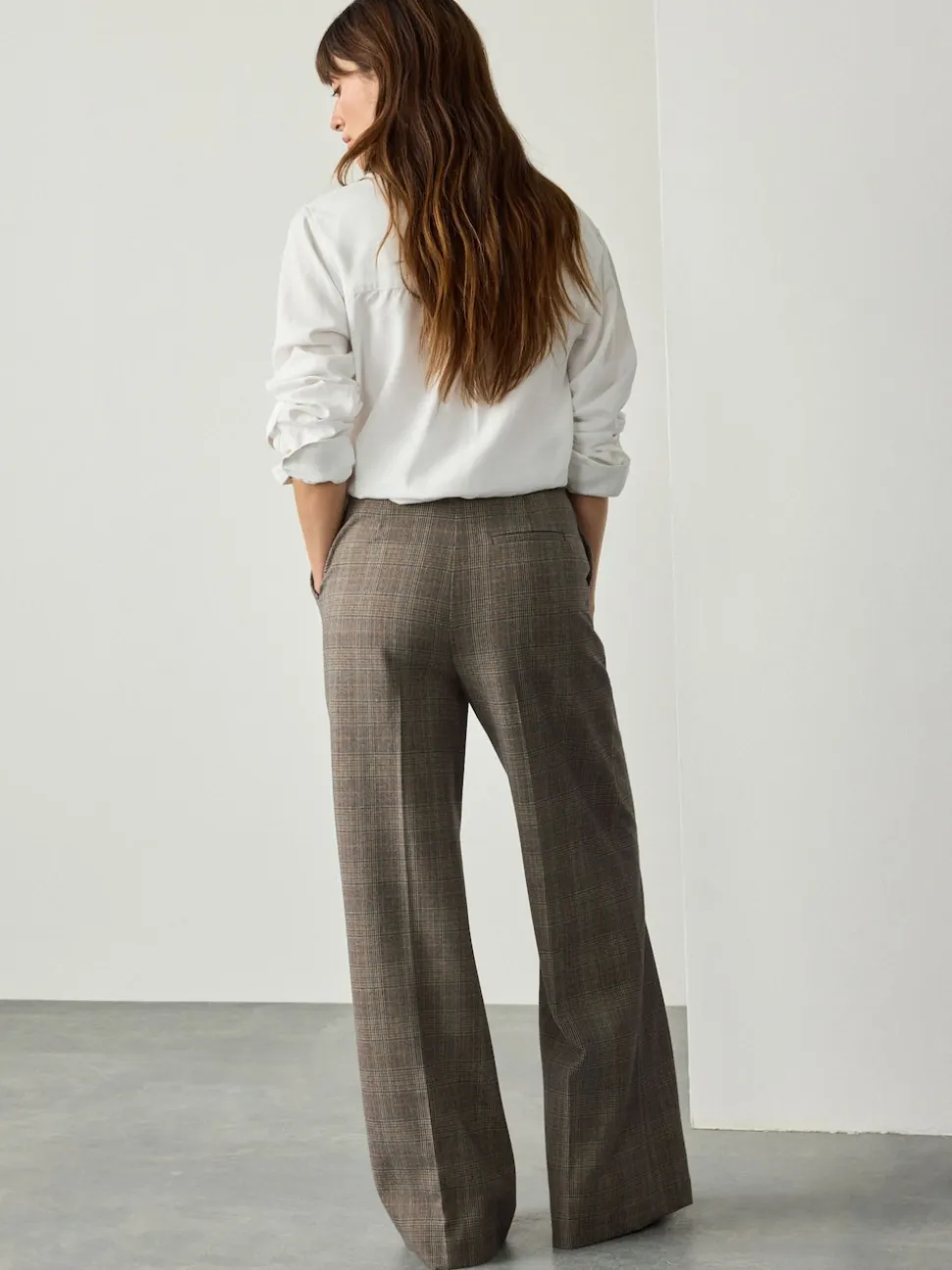 Grey Check Brushed High Waisted Wide Leg Tailored Trousers