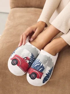 Grey Christmas Truck Plush Mule Slippers