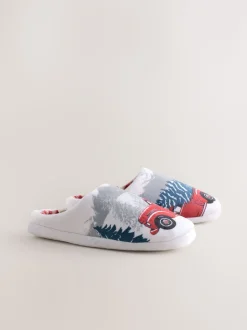 Grey Christmas Truck Plush Mule Slippers