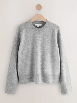 Grey Crew Neck Knitted Jumper with Wool