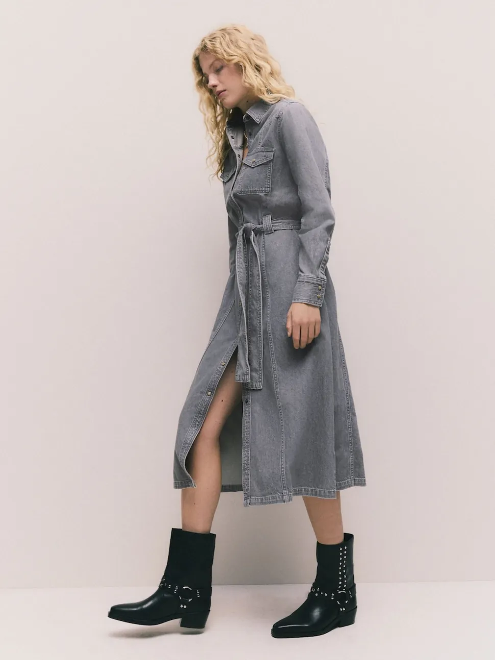 Grey Denim Midi Shirt Dress