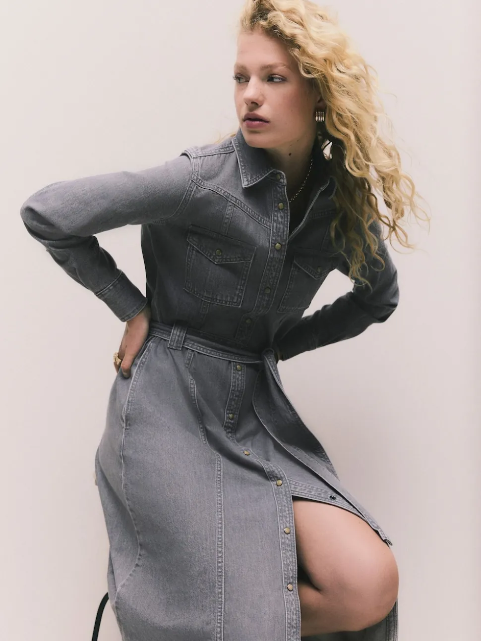 Grey Denim Midi Shirt Dress