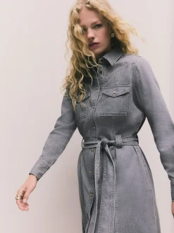 Grey Denim Midi Shirt Dress